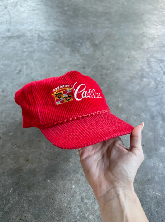 VINTAGE RED CORDUROY CADILLAC ADJUSTABLE HAT