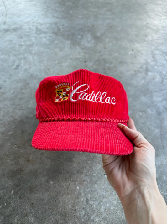 VINTAGE RED CORDUROY CADILLAC ADJUSTABLE HAT